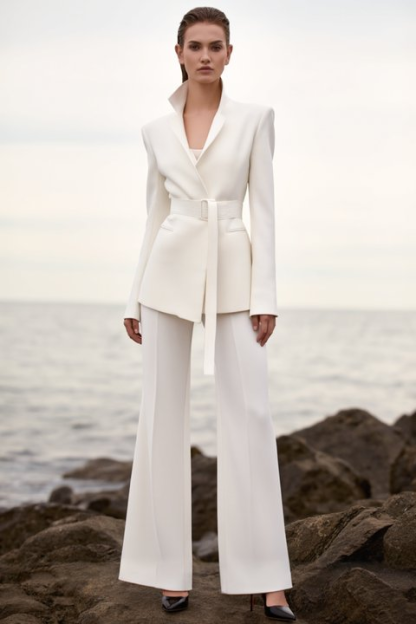 ​Business Formal Blazer Pant Suit ​​White V Neck Long Sleeve Straight Pants