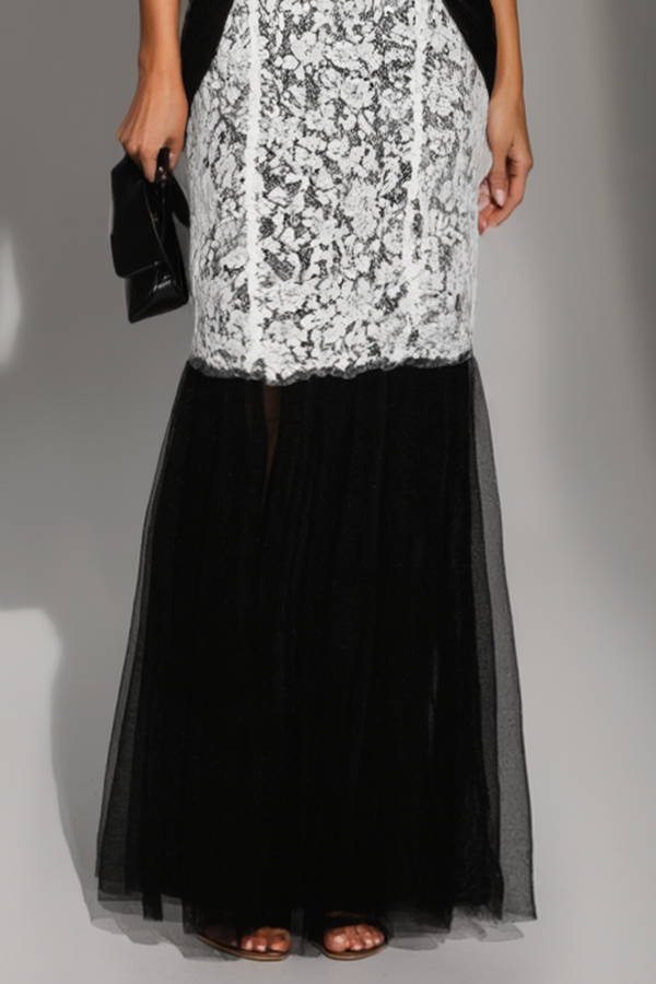 Formal Evening Dress Black White Off Shoulder Lace Maxi Dress