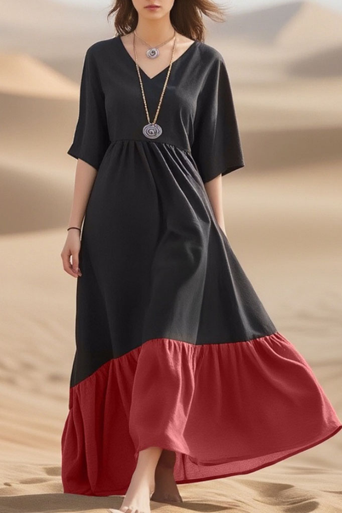 Bohemian Dress Black V Neck Colorblock Maxi Dress
