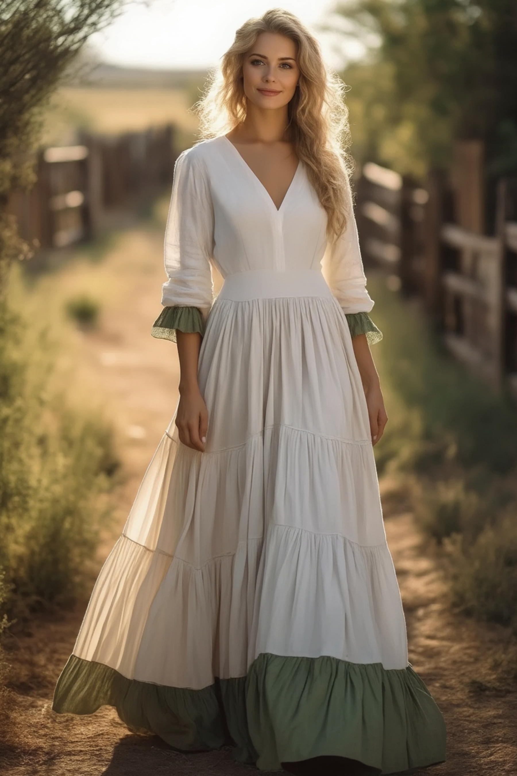 Bohemian Swing Dress Green V Neck Ruched Maxi Dress