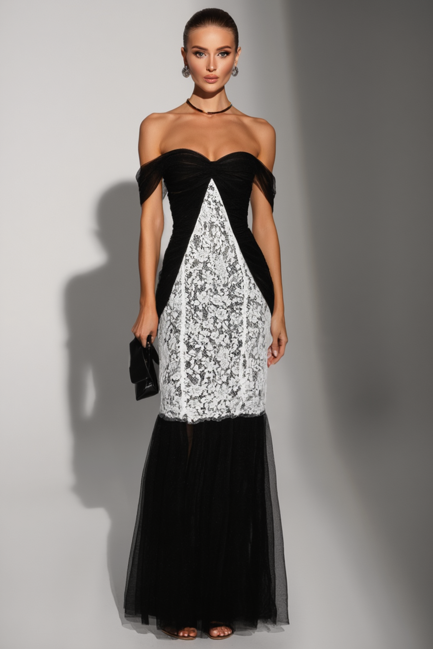 Formal Evening Dress Black White Off Shoulder Lace Maxi Dress