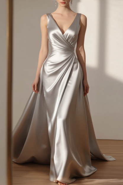 Formal Evening Dress Silver V Neck Satin Maxi Dress