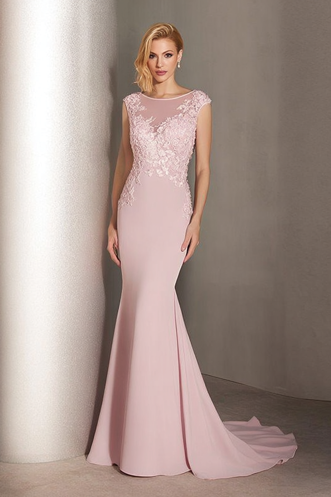 Formal Evening Dress Pink Crew Neck Lace Maxi Dress