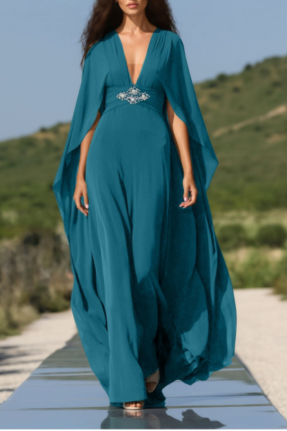 Formal Evening Dress Green Deep V Chiffon Cape Floor-Length Gown