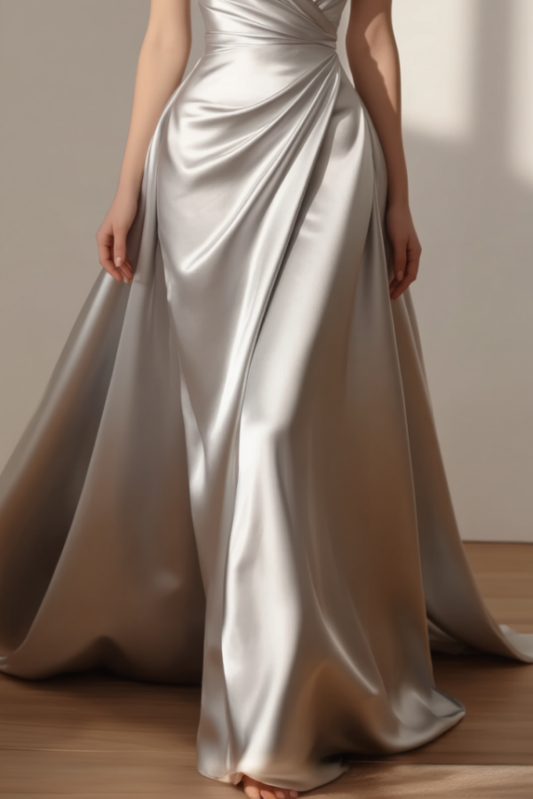 Formal Evening Dress Silver V Neck Satin Maxi Dress