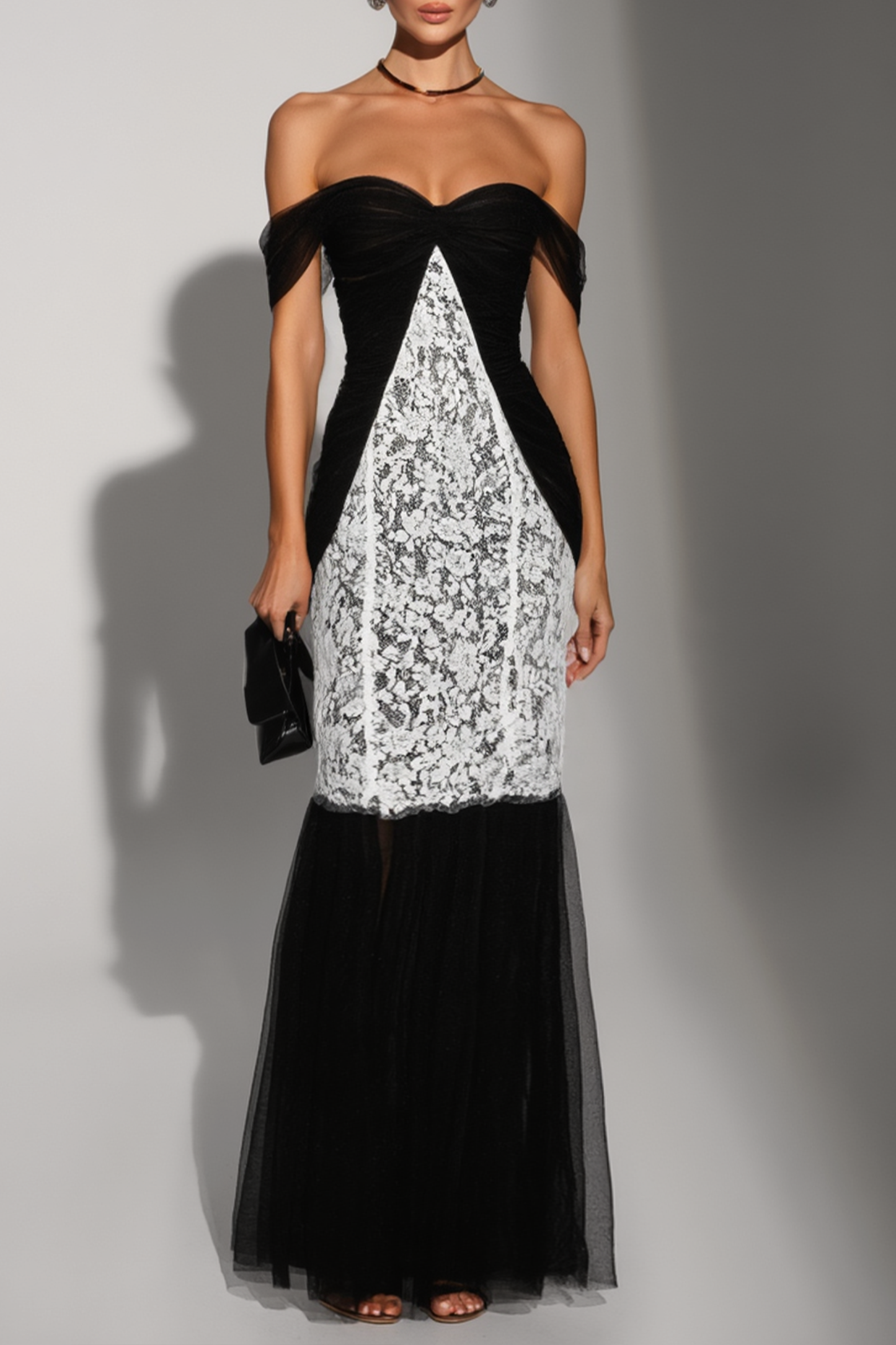 Formal Evening Dress Black White Off Shoulder Lace Maxi Dress