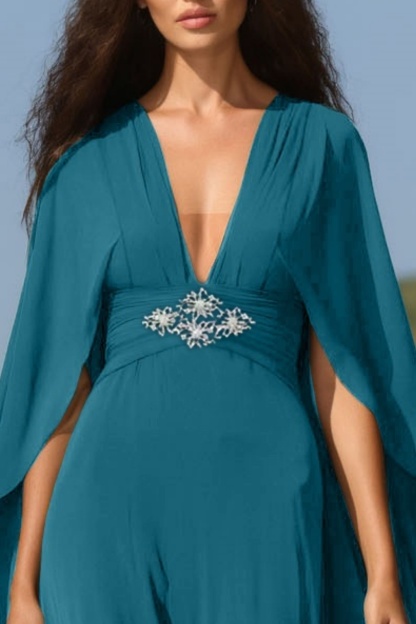 Formal Evening Dress Green Deep V Chiffon Cape Floor-Length Gown