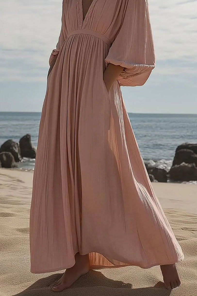 Beach Vacation Dress Pink Deep V Pocketed Bubble Sleeve Maxi Dress
