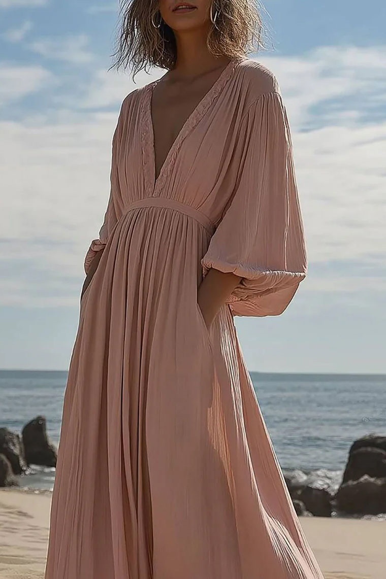 Beach Vacation Dress Pink Deep V Pocketed Bubble Sleeve Maxi Dress