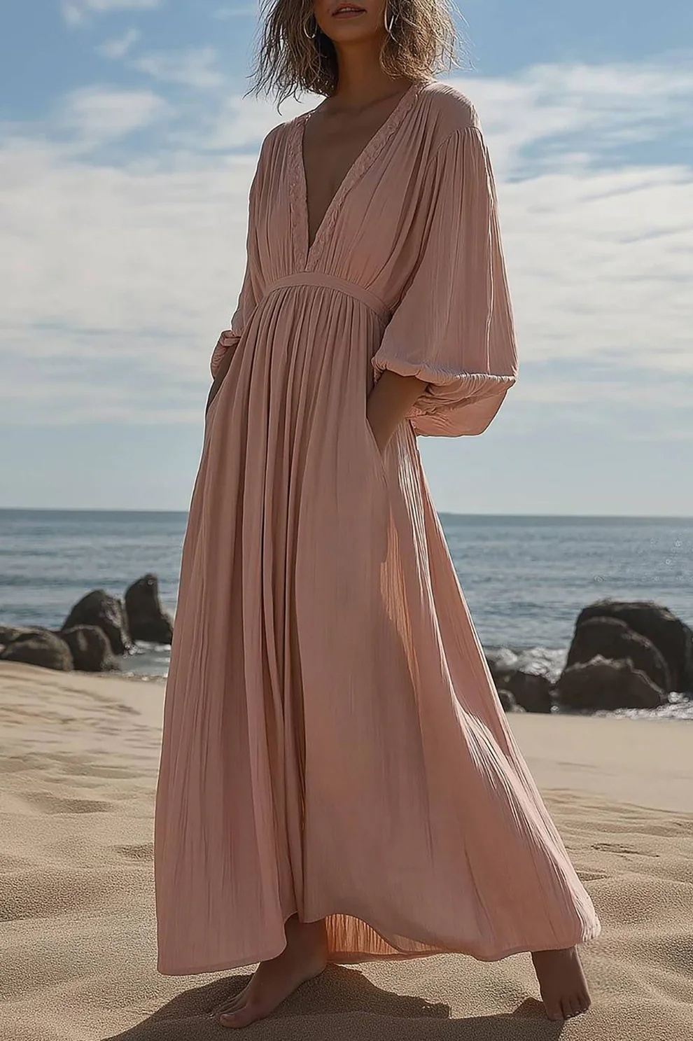 Beach Vacation Dress Pink Deep V Pocketed Bubble Sleeve Maxi Dress