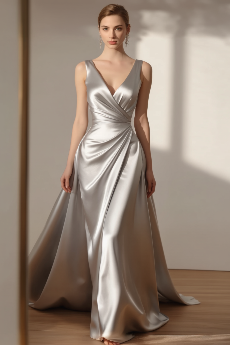 Formal Evening Dress Silver V Neck Satin Maxi Dress