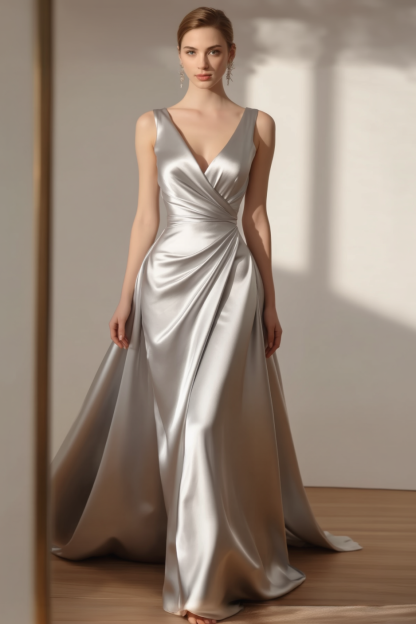 Formal Evening Dress Silver V Neck Satin Maxi Dress