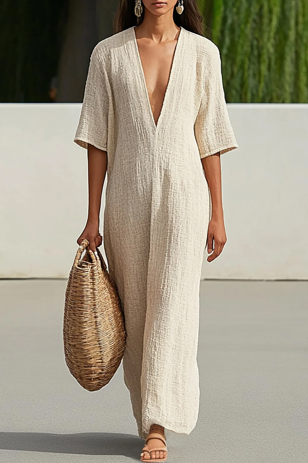 Casual Vacation Linen Dress Beige Deep V Half-Sleeve Maxi Dress