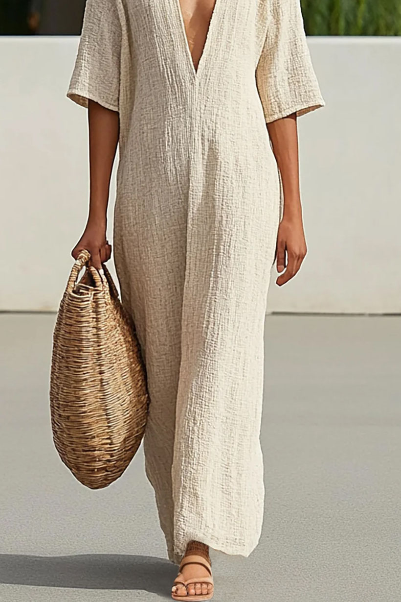 Casual Vacation Linen Dress Beige Deep V Half-Sleeve Maxi Dress