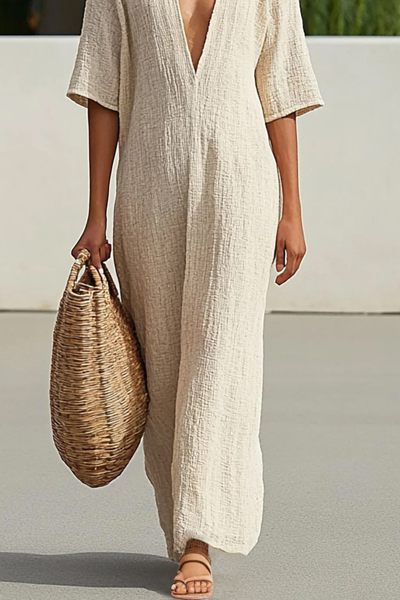 Casual Vacation Linen Dress Beige Deep V Half-Sleeve Maxi Dress