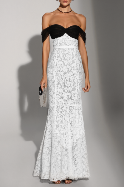 Formal Evening Dress Black White Off Shoulder Lace Maxi Dress