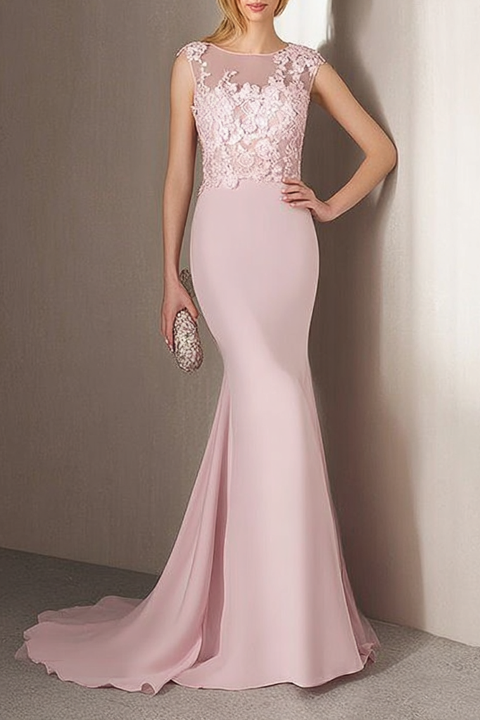 Formal Dress Pink Crew Neck Lace Maxi Dress