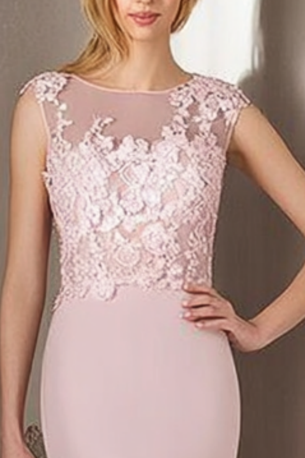 Formal Dress Pink Crew Neck Lace Maxi Dress