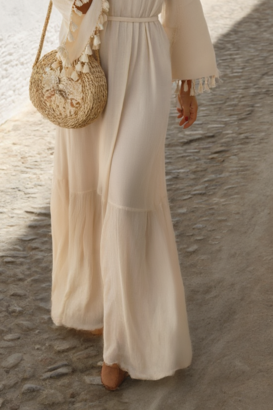 Bohemian Dress Beige V Neck Tassel Floor-Length Dress