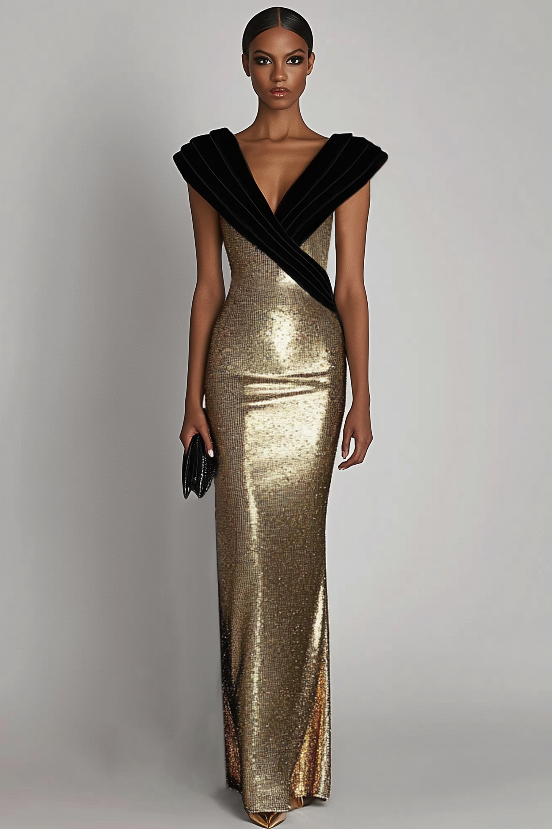 Evening Sequin Dress Black-Goldk V-Neck Sleeveless Floor-Length Gown
