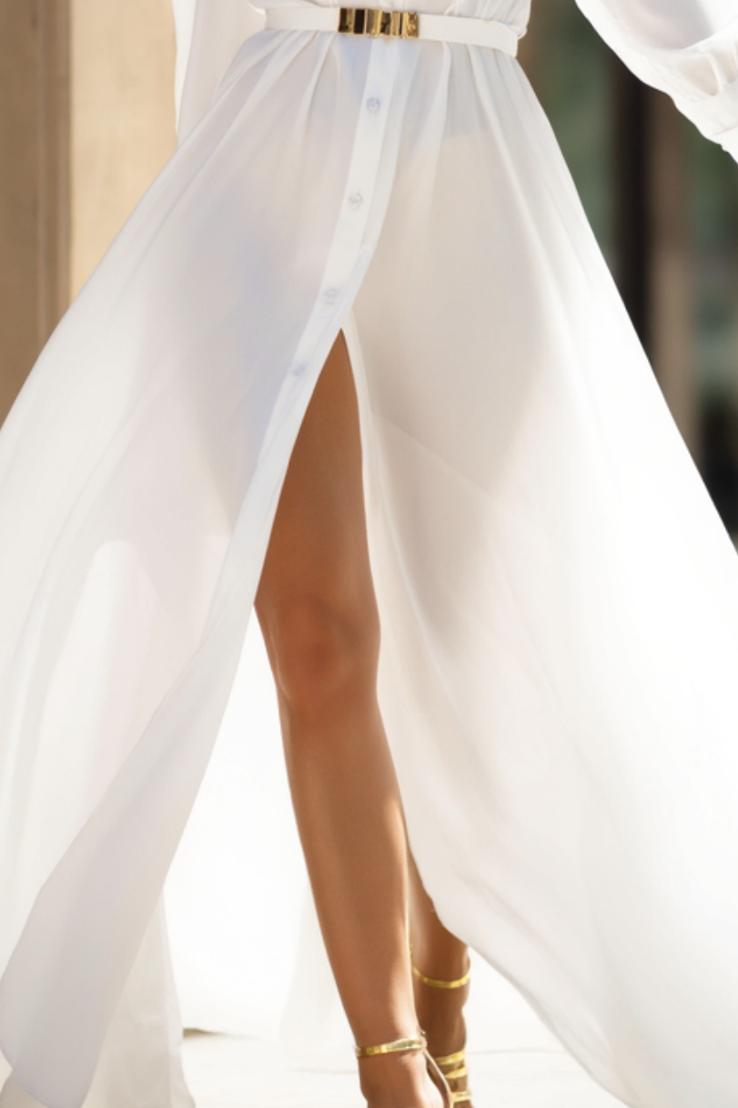Bohemian Shirt Swing Dress White Lapel Floor-Length Dress