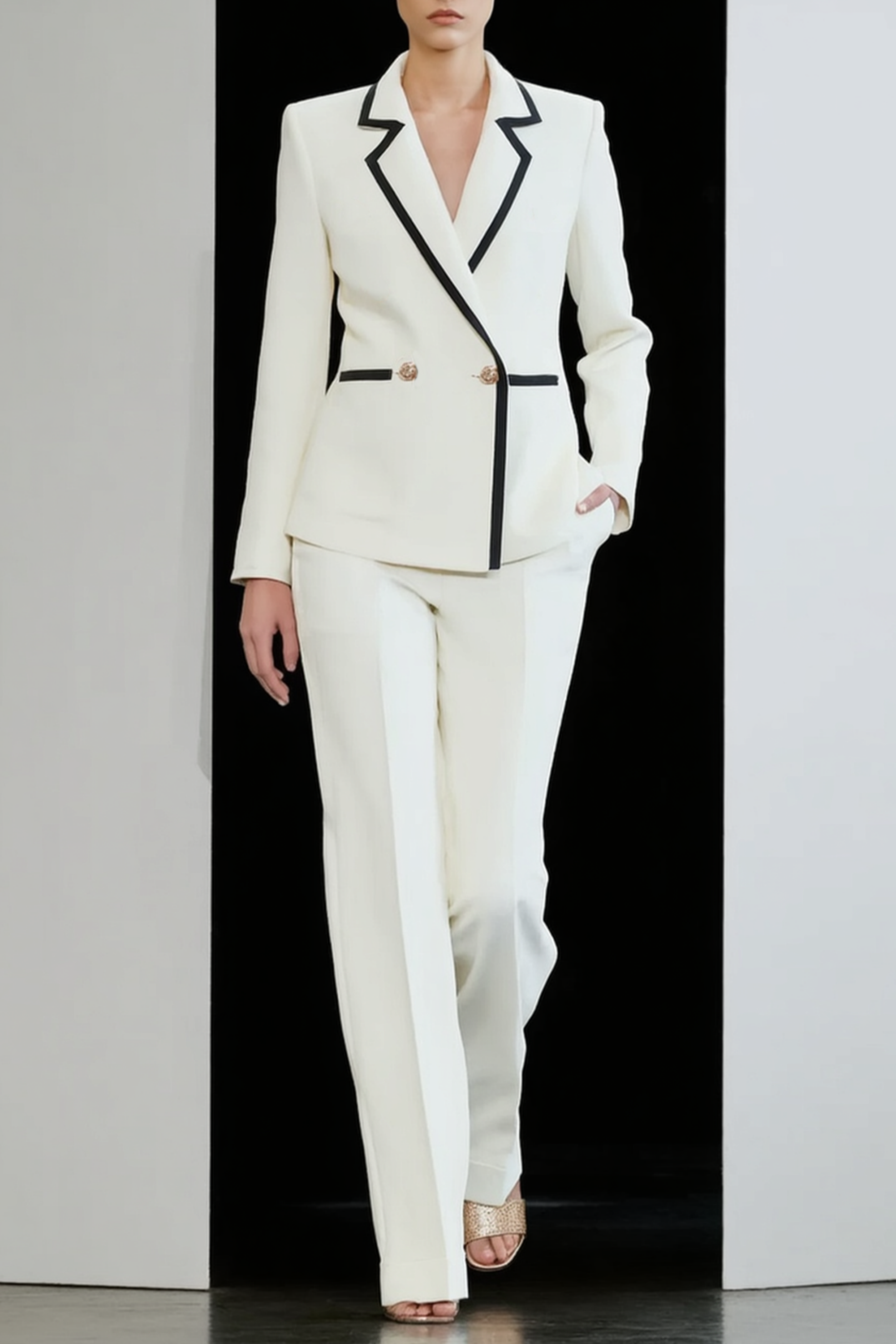 Work Blazer Suit White Lapel Long Sleeve Pants Set 