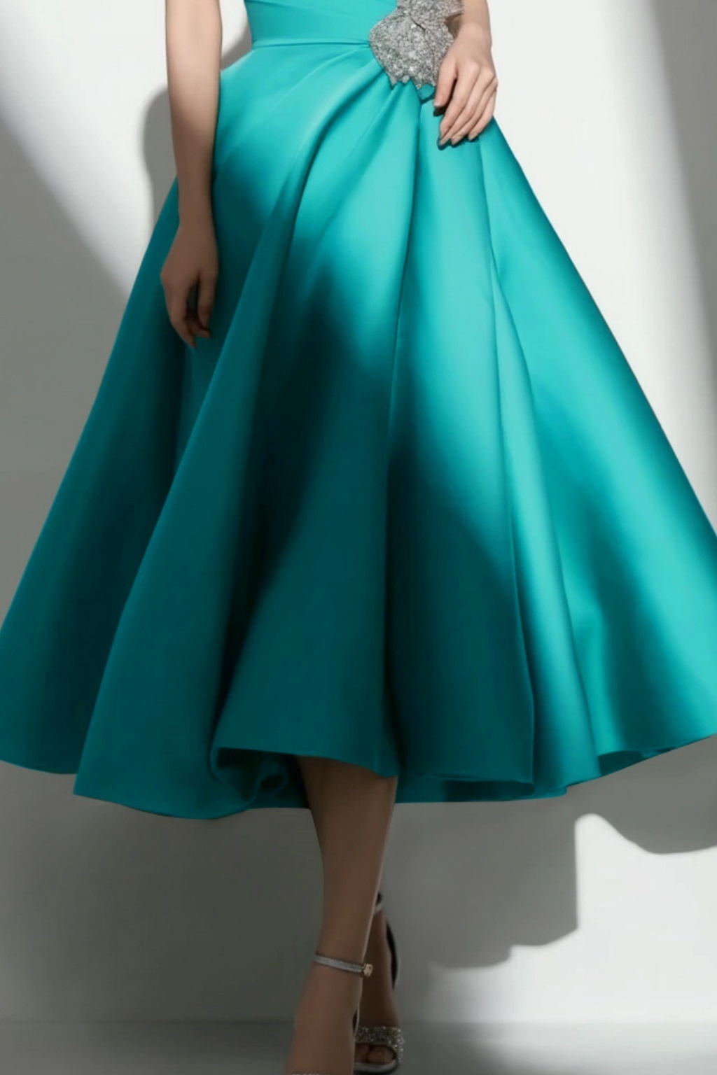 Cocktail ​Party ​​Satin Dress Green V Neck A-Line Midi Dress