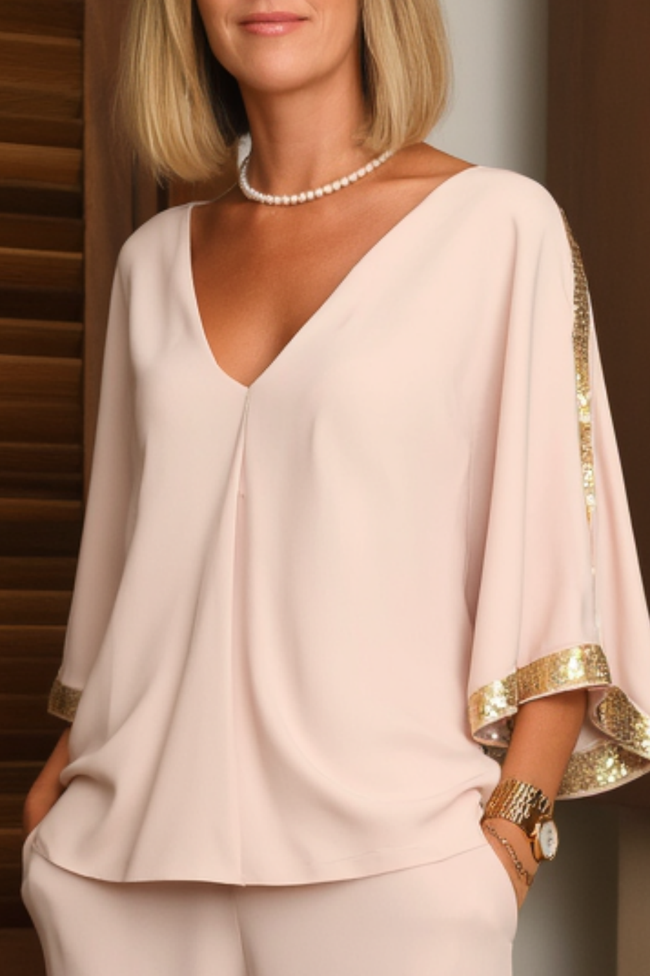 Casual Set Beige V Neck Long Sleeve Wide-Leng Pants Set