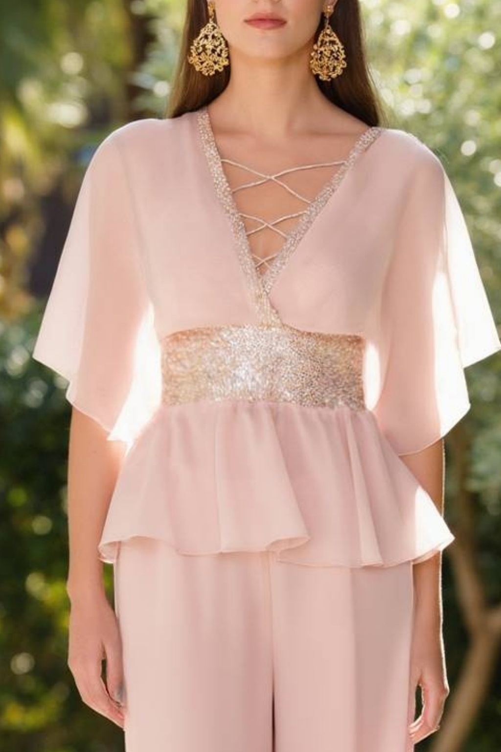 Wedding Guest Outfit Sets Pink V Neck Belted Chiffon Pants Set 