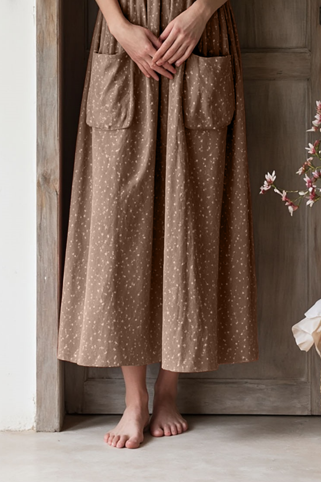 Casual Vacation Dress Light Brown Strappy Floral with Pockets Maxi Dress