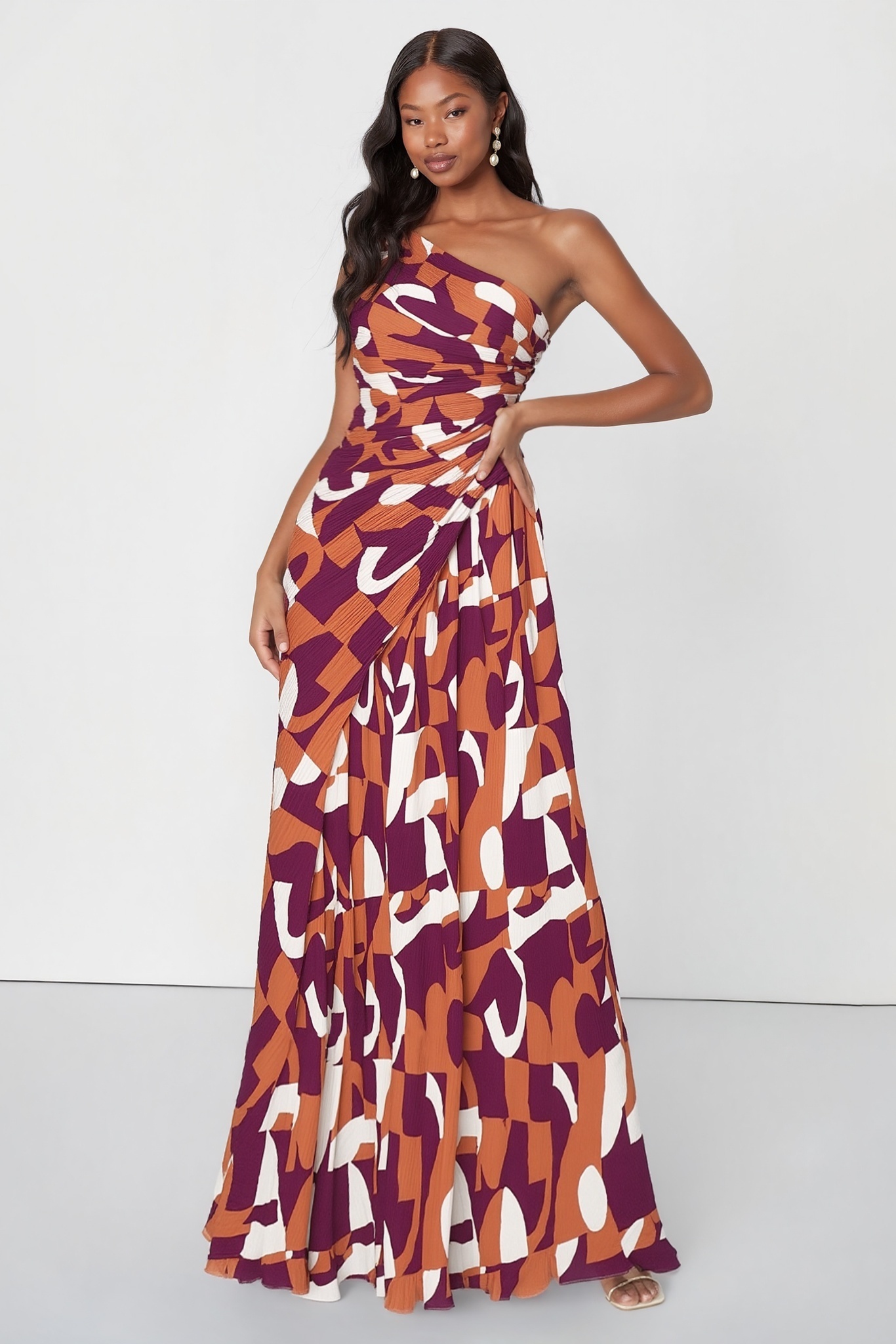Vacation Dress Red One Shoulder Print Floor-Length Dress