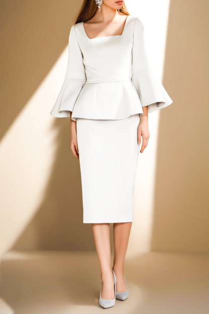 Work Outfit Sets White Square Neck Knee Skirt Set