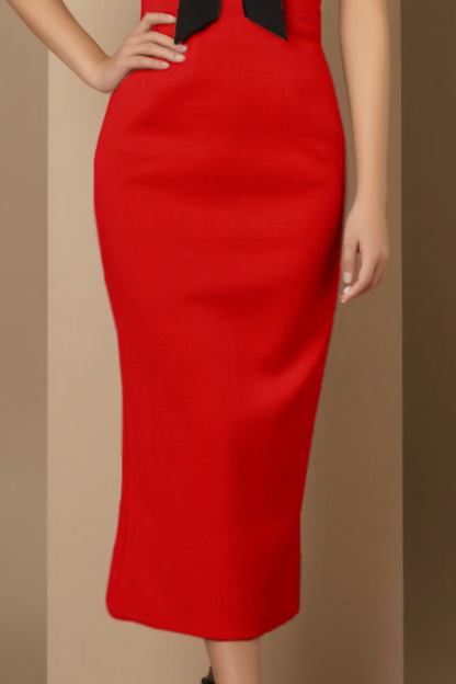 Party Cocktail Dress Red V Neck Colorblock Midi Dress