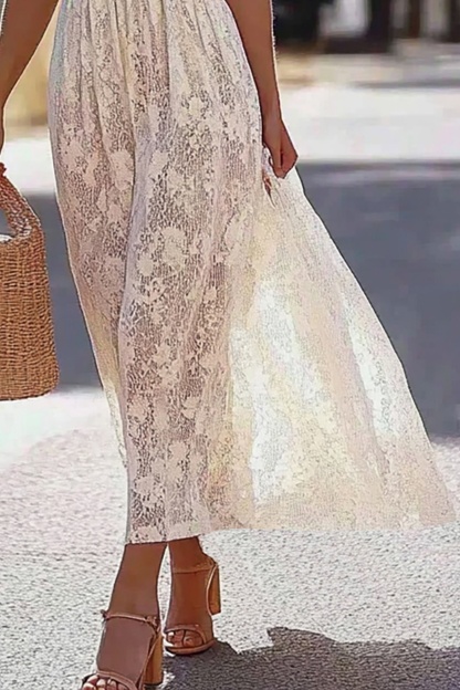 Bohemian Vacation Dress White Lace V-Neck Off-Shoulder Maxi Dress