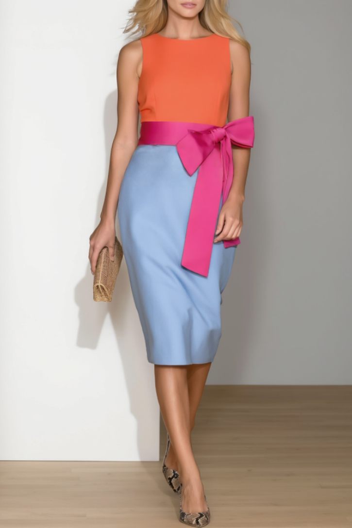 Party Work Dress Orange Crew Neck Colorblock Bow Knee-Length Dress