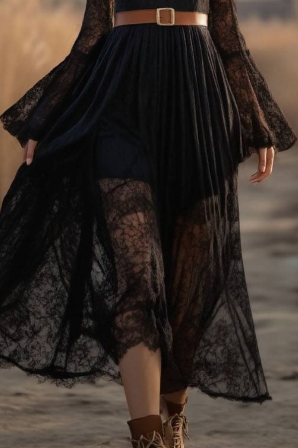 Boho Lace Dress Black V Neck Belted Midi Dress