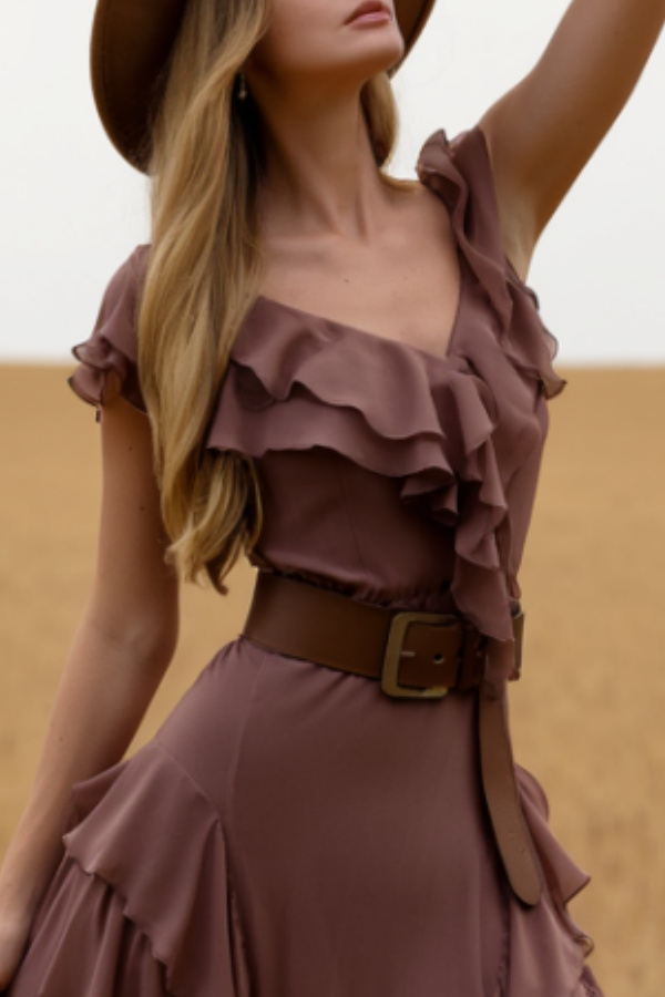 Boho Dress Purple V Neck Ruffle Belted Maxi Dress