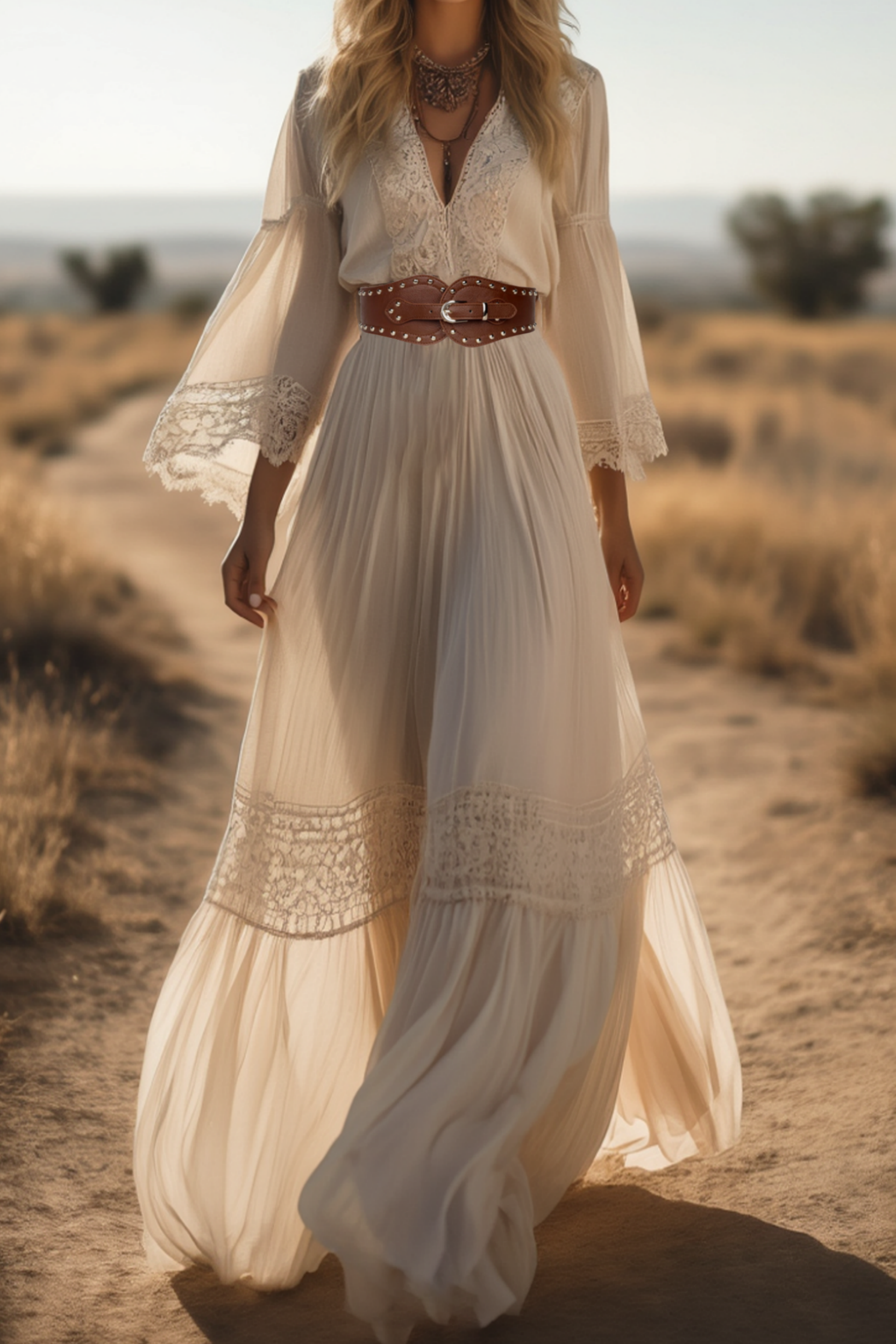 Boho Lace Swing Dress White V Neck Maxi Dress