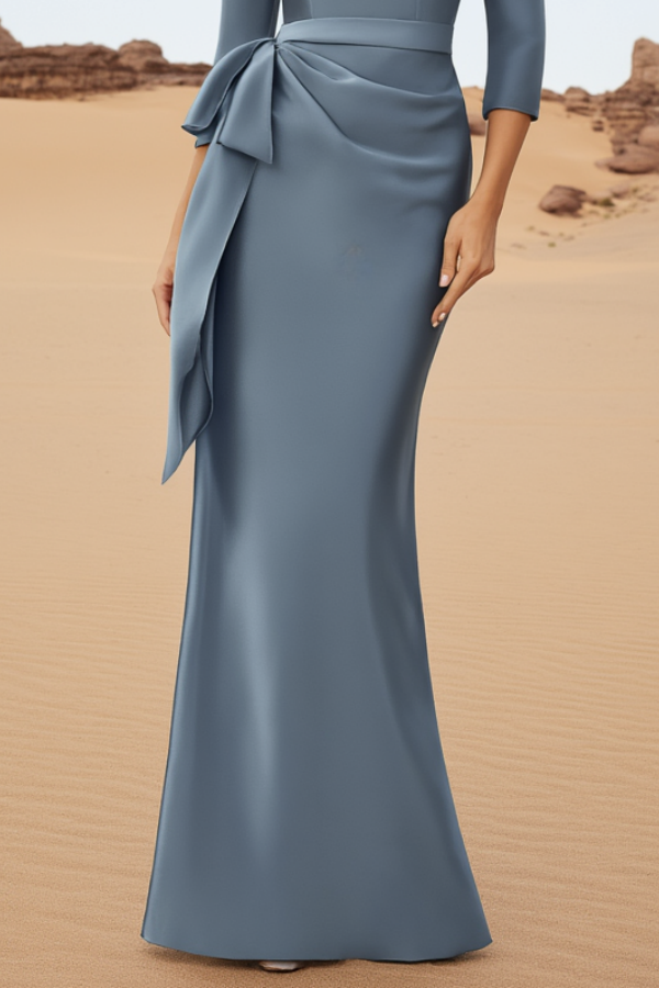 Evening Dress Blue Crew Neck 3/4 Length Sleeve Maxi Dress