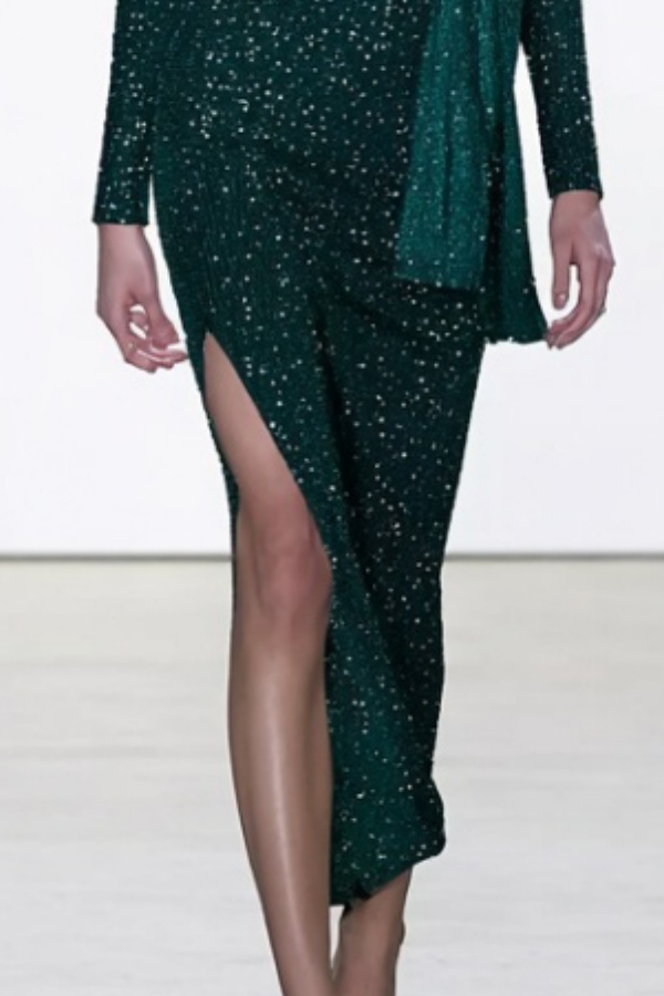 Cocktail Party Dress Green Slit Midi Long Sleeve Dress