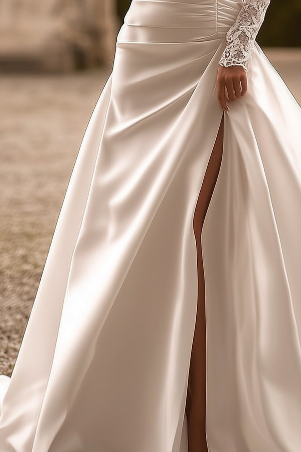 Formal ​Wedding Dress White Off Shoulder Satin Lace Maxi Dress