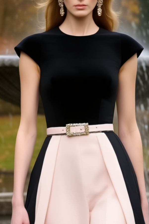 Formal Wedding Guest Jumpsuit Pink Crew Neck Belted with Train