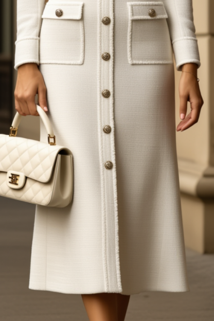 Work Dress White Lapel Long Sleeve Pocket Midi Dress