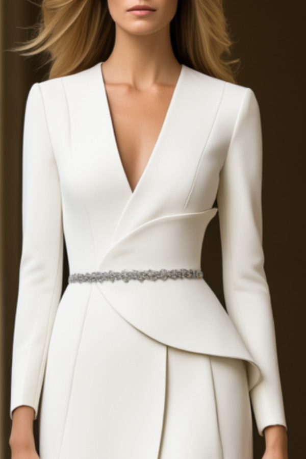 Work Dress White V Neck Long Sleeve Belted Midi Dress
