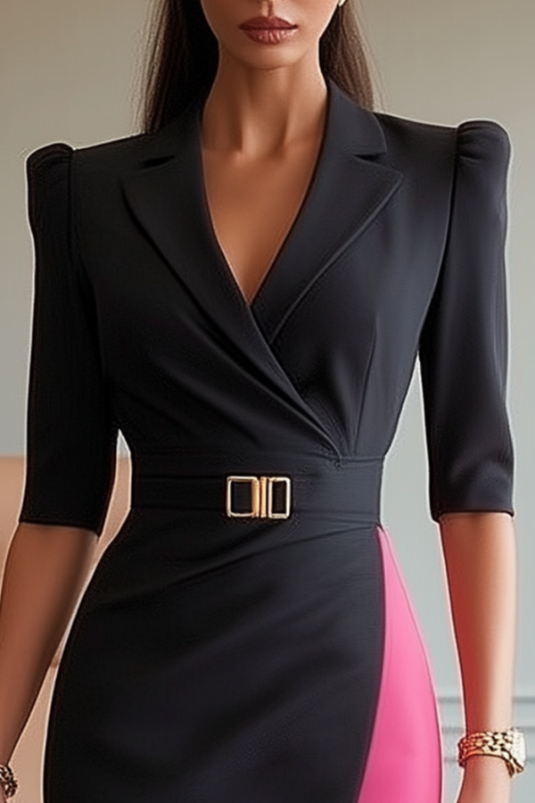 Work Dress Black Lapel Belted Colorblock Knee-Length Dress