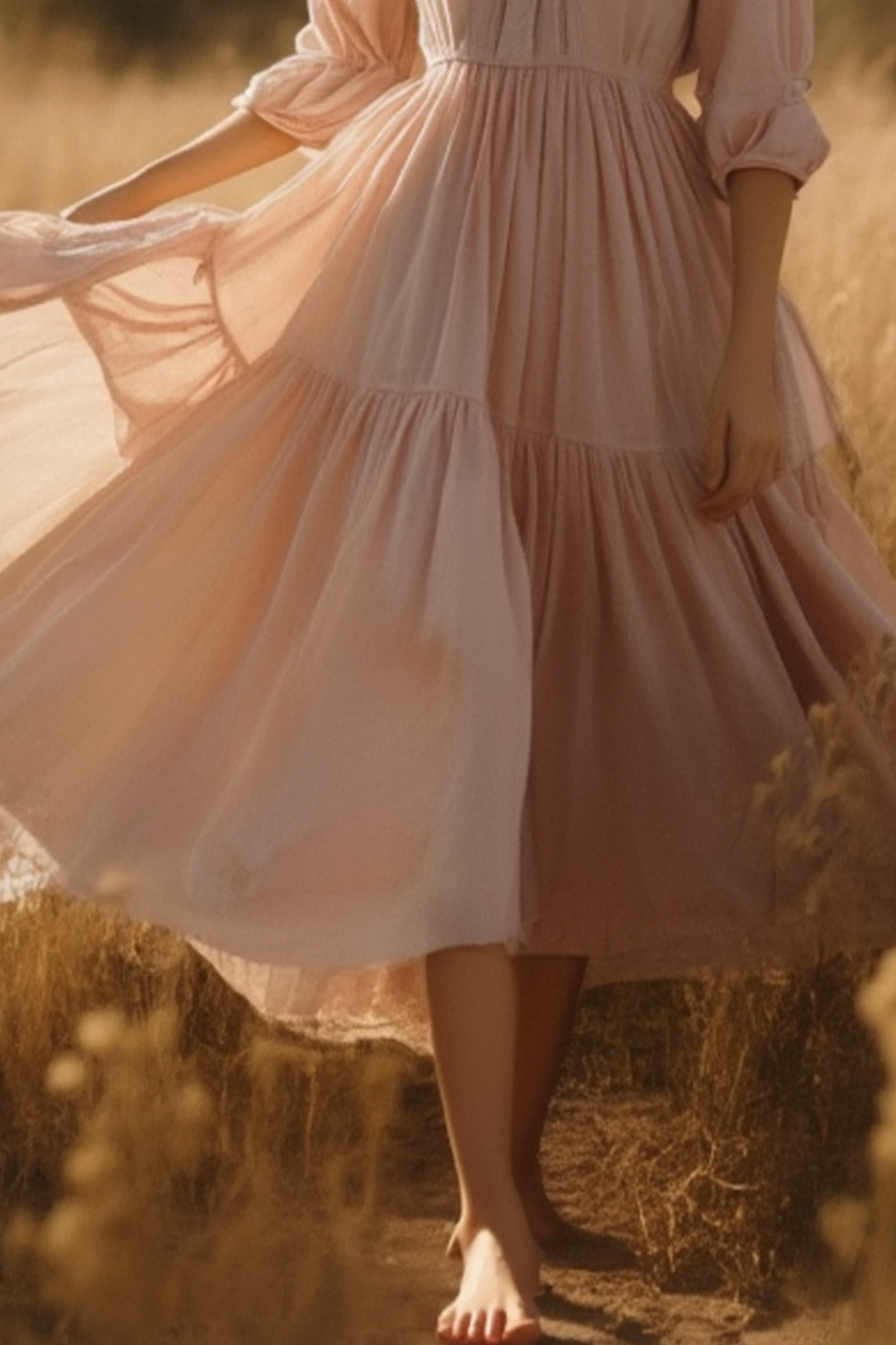 Bohemian Swing Dress Pink V Neck 3/4 Length Sleeve Maxi Dress
