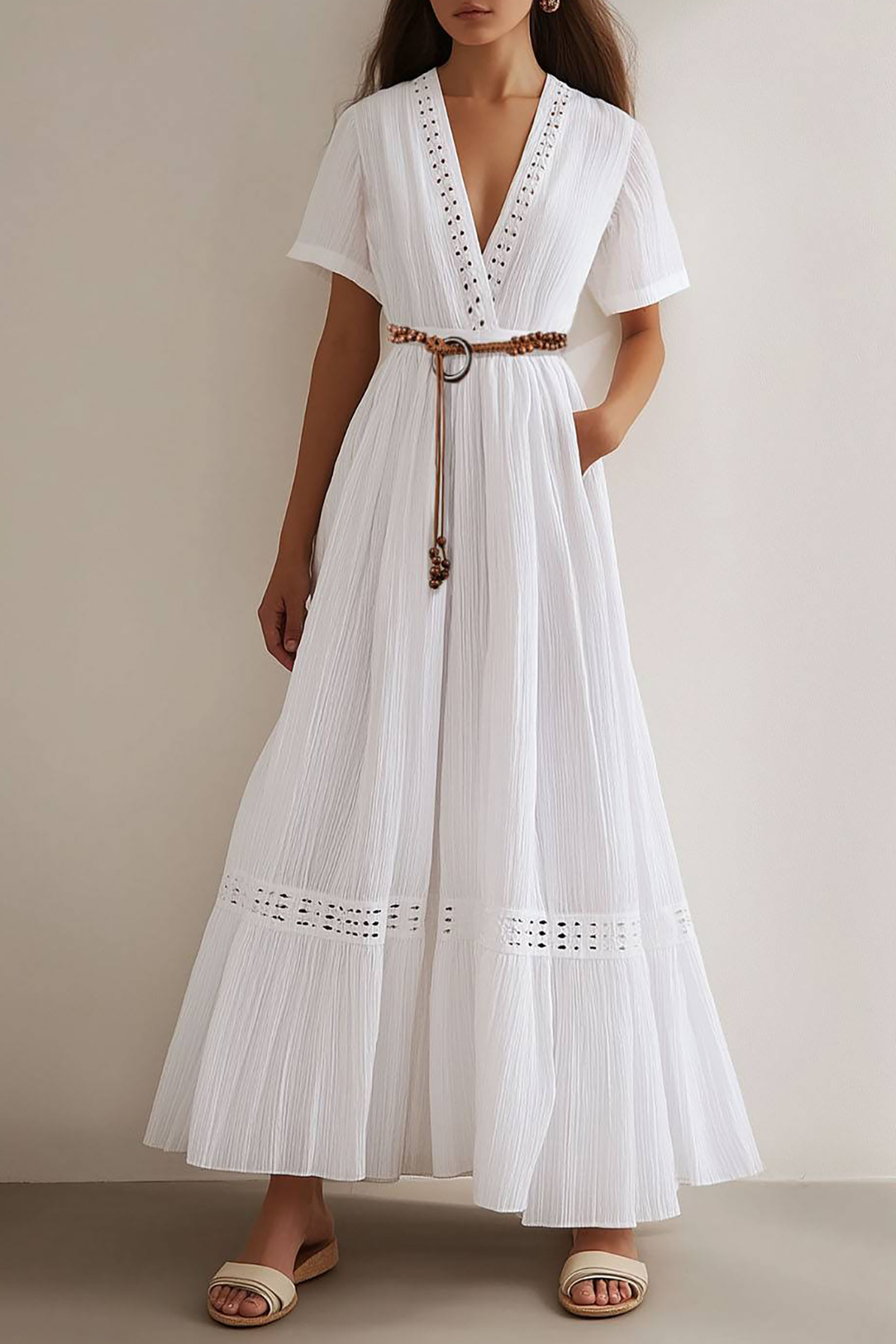Bohemian Casual Dress White V-neck Belt with Pockets Maxi Dress