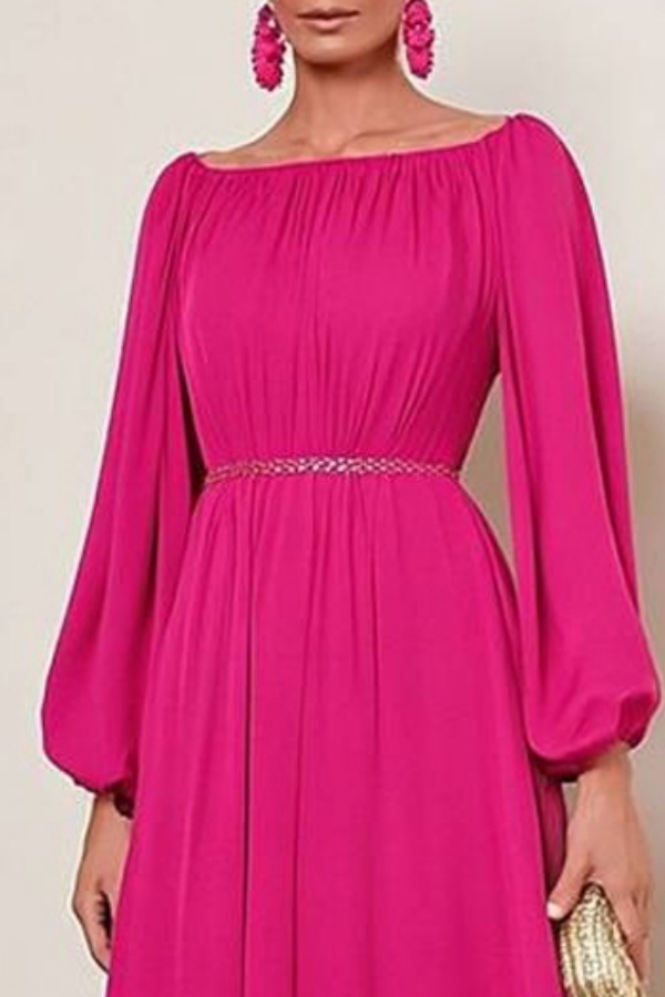 Formal ​Evening Dress Neon Pink Crew Neck Long Sleeve Maxi Dress