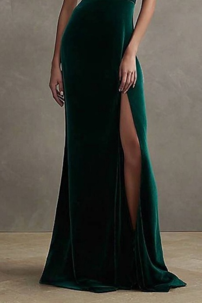 Formal ​Evening Dress Green Halter Neck Maxi Velvet Dress