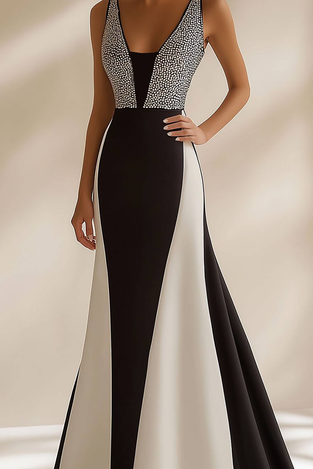 Evening Formal Dress Sequins Black and White Straps Long Prom Dress